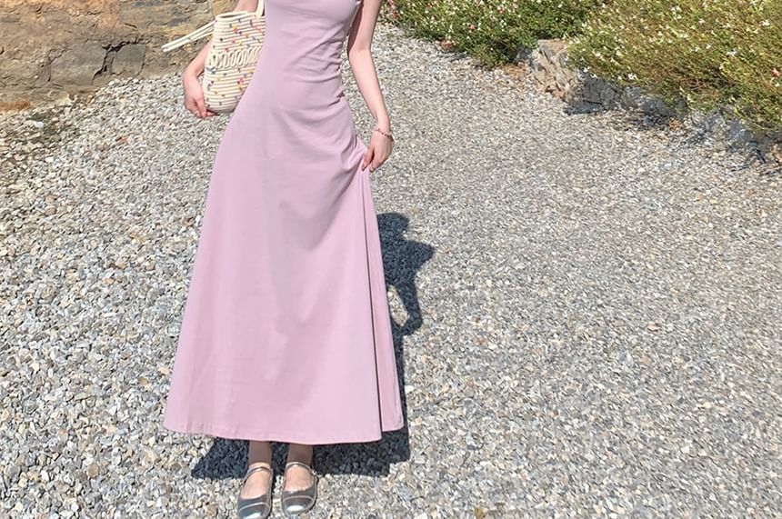 Plain Maxi A-Line Dress with Spaghetti Straps and Cardigan