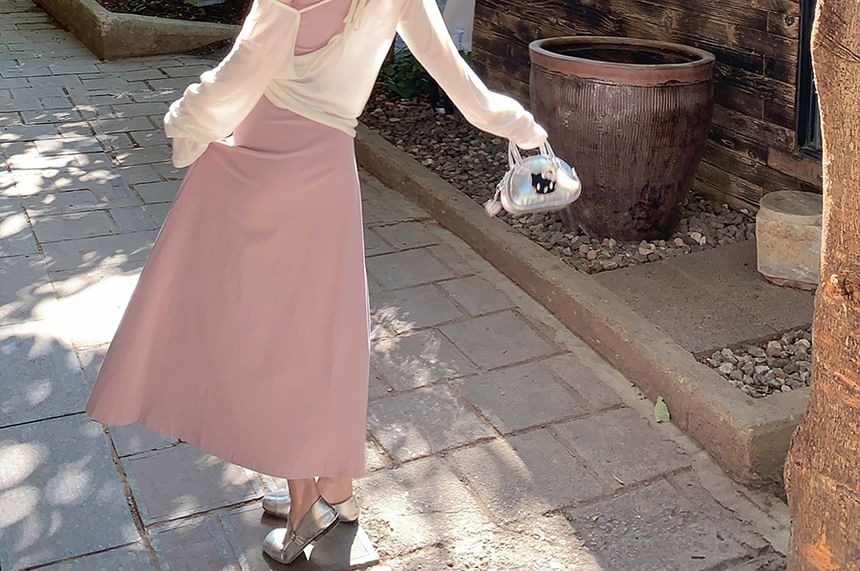 Plain Maxi A-Line Dress with Spaghetti Straps and Cardigan
