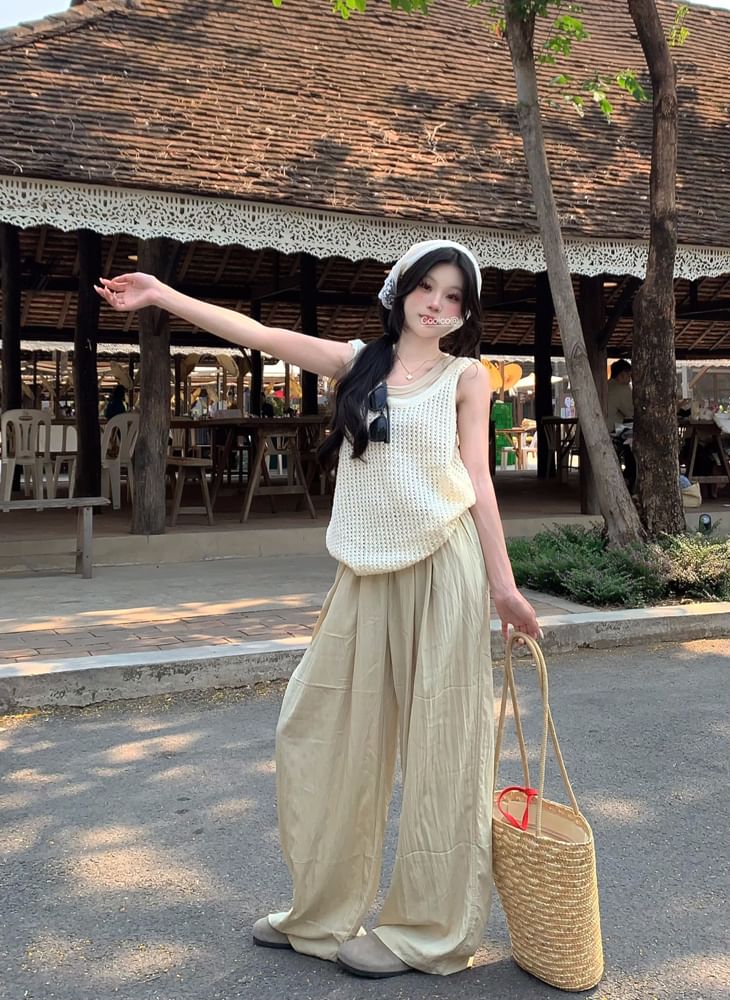 Wide Tank Plain Sleeveless / Leg Pants Scoop Waist Top High Knit Neck