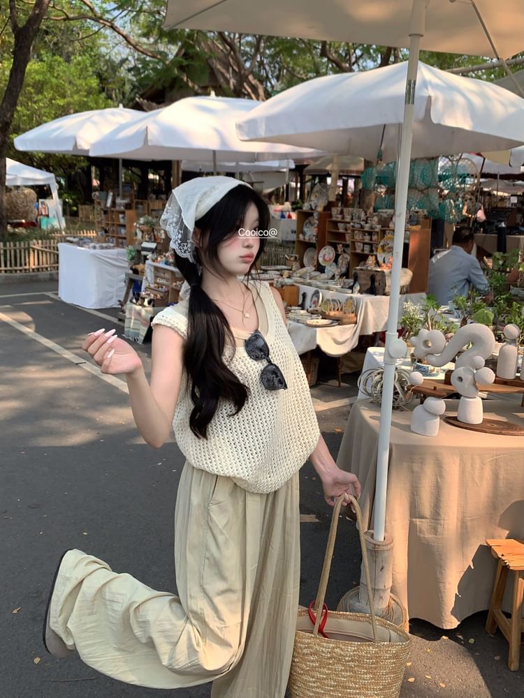 Wide Tank Plain Sleeveless / Leg Pants Scoop Waist Top High Knit Neck