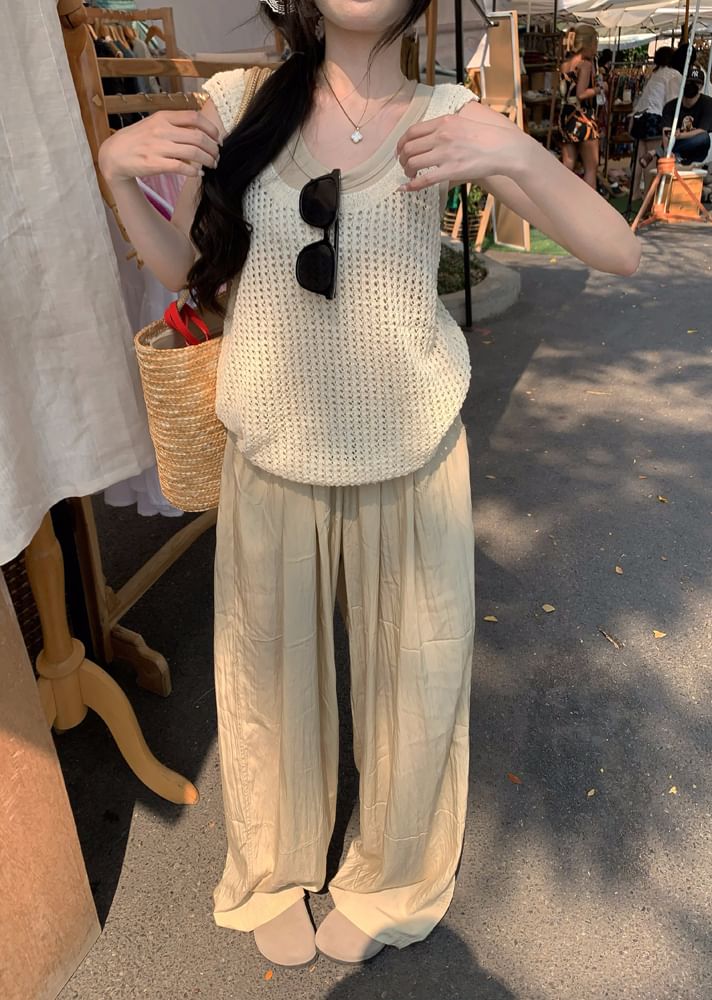 Wide Tank Plain Sleeveless / Leg Pants Scoop Waist Top High Knit Neck