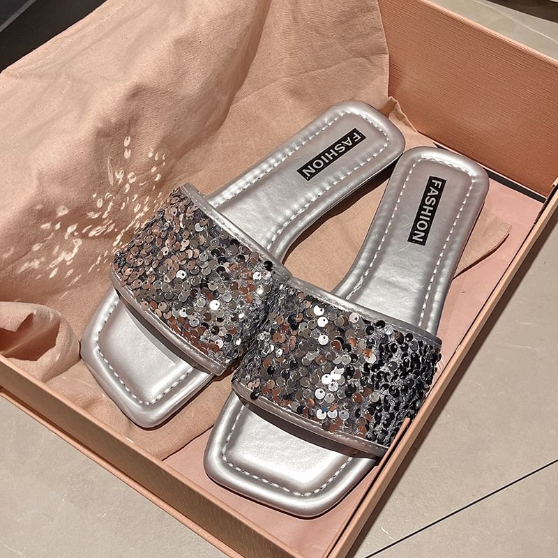 Sequined Flat Slide Sandals