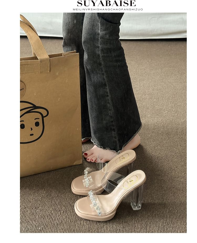 Rhinestone Transparent High Heel Slide Sandals