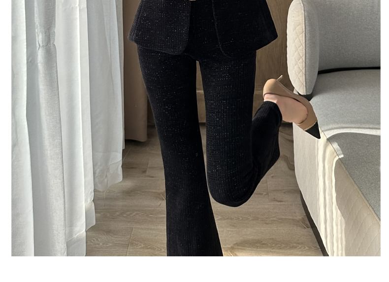 Lapel Collar Tweed Single Button Blazer / Mid Rise Plain Dress Pants / Set