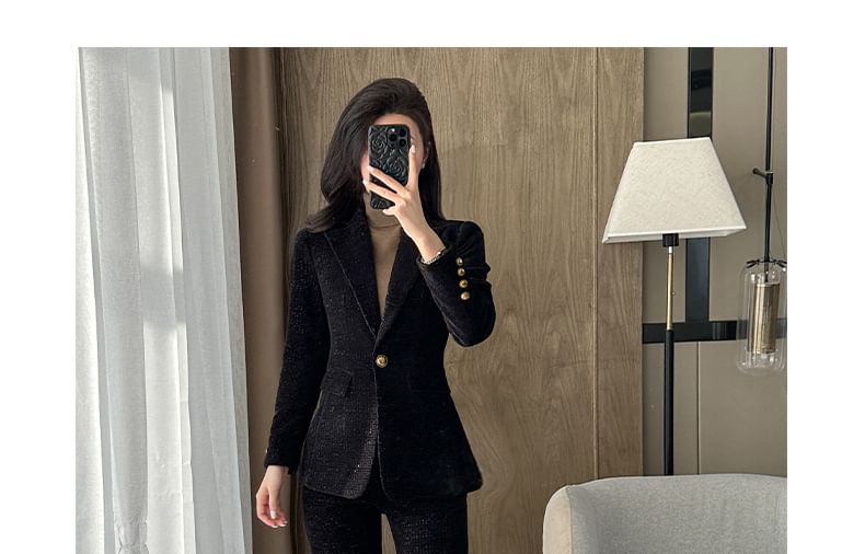 Lapel Collar Tweed Single Button Blazer / Mid Rise Plain Dress Pants / Set