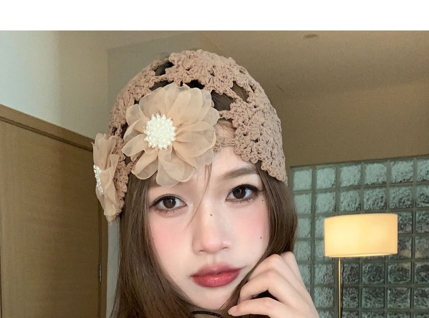Knit Floral Bonnet Hat
