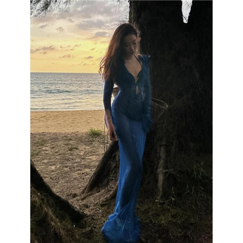 Long Sleeve V-Neck Ruffle Side Slit Sheer Maxi Sundress