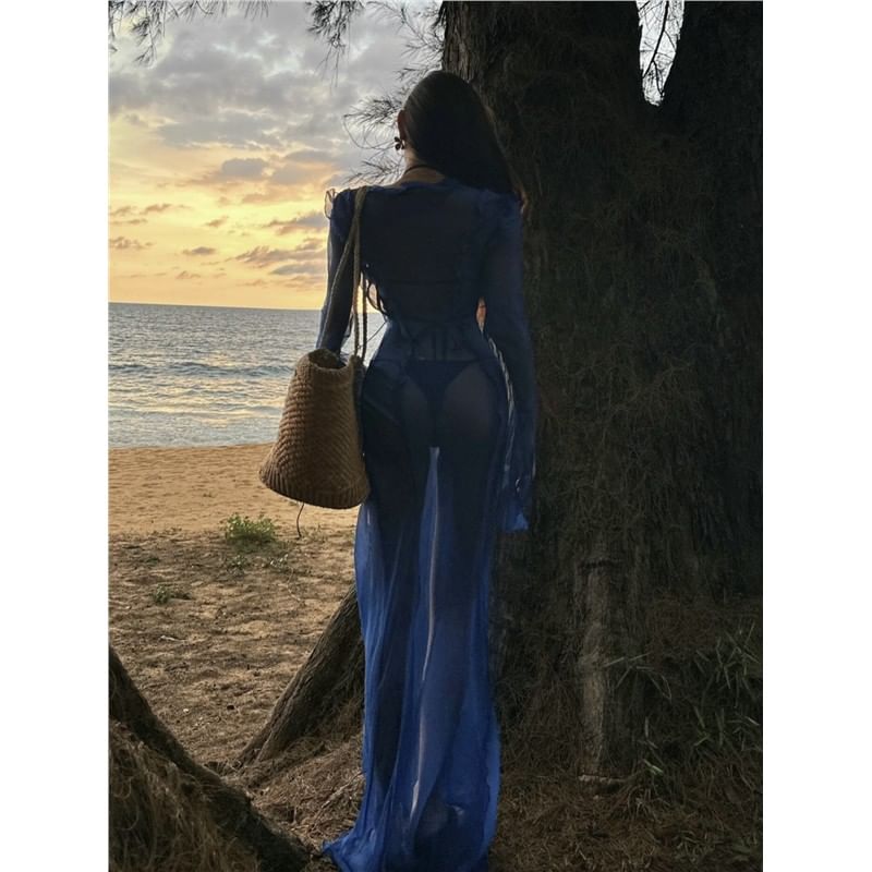 Long Sleeve V-Neck Ruffle Side Slit Sheer Maxi Sundress