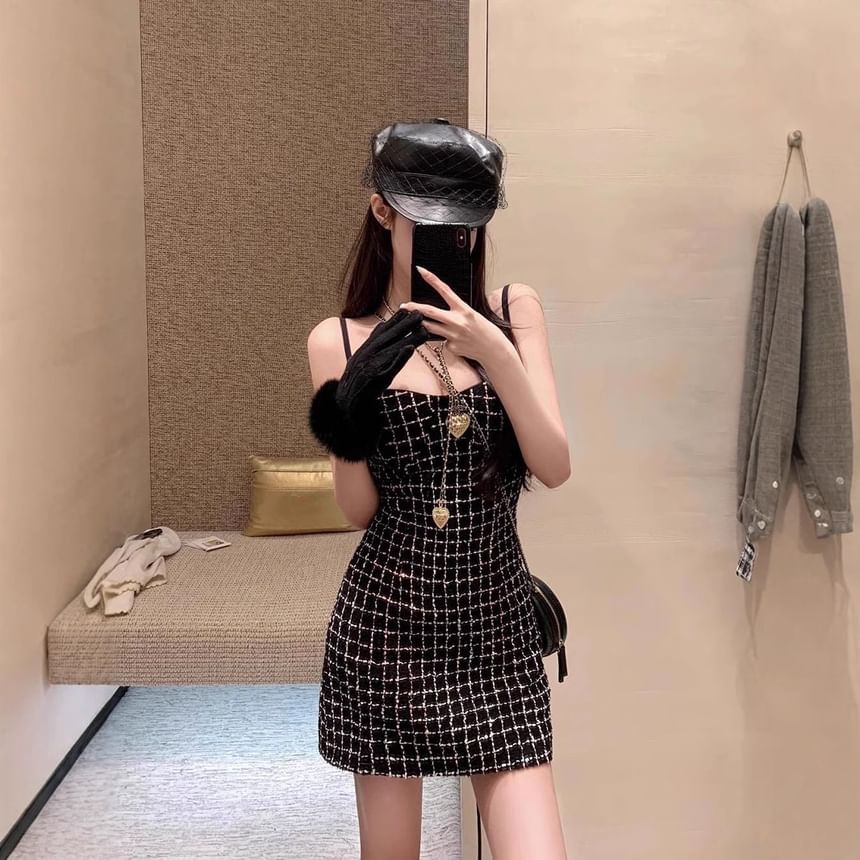 Tweed Plaid Sweetheart Neck Mini A-Line Dress with Spaghetti Straps