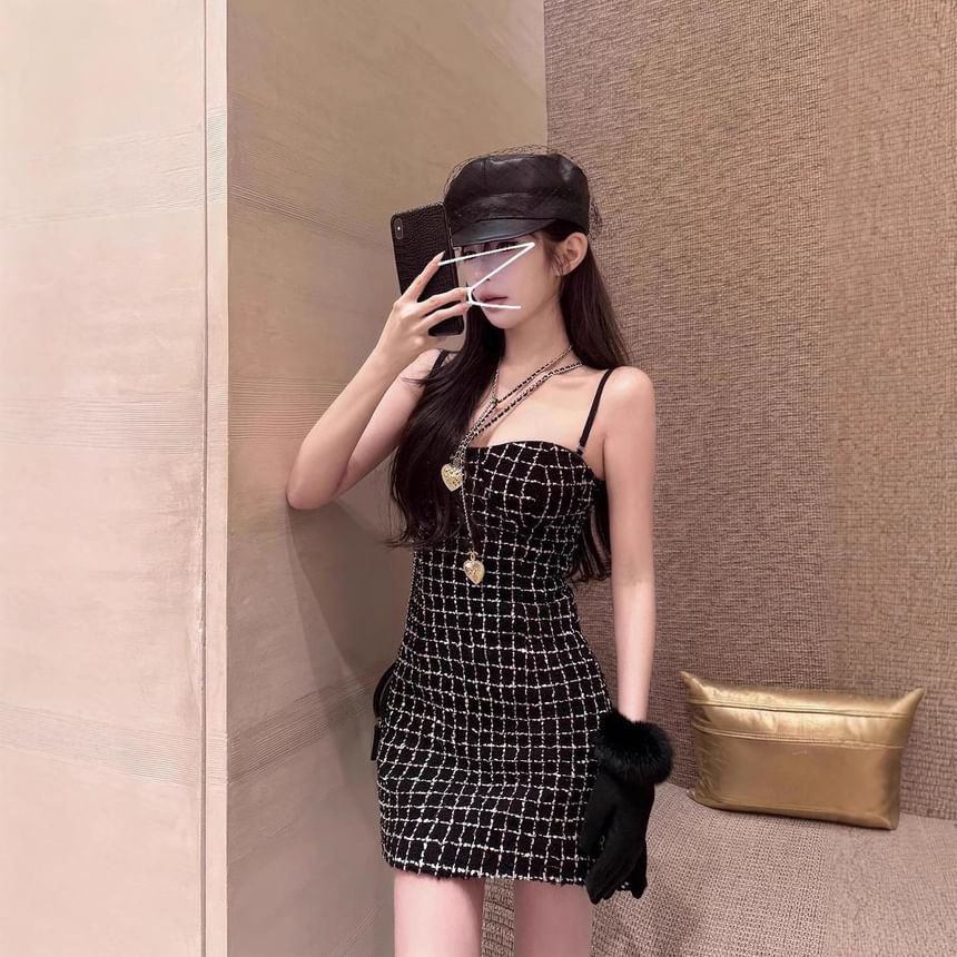 Tweed Plaid Sweetheart Neck Mini A-Line Dress with Spaghetti Straps