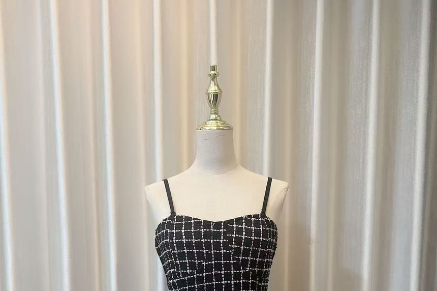 Tweed Plaid Sweetheart Neck Mini A-Line Dress with Spaghetti Straps