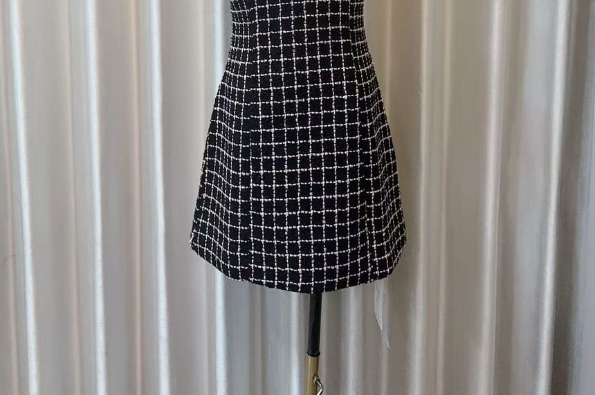Tweed Plaid Sweetheart Neck Mini A-Line Dress with Spaghetti Straps