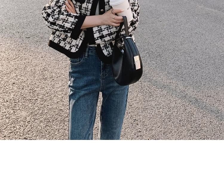 Round Neck Houndstooth Tweed Button Jacket