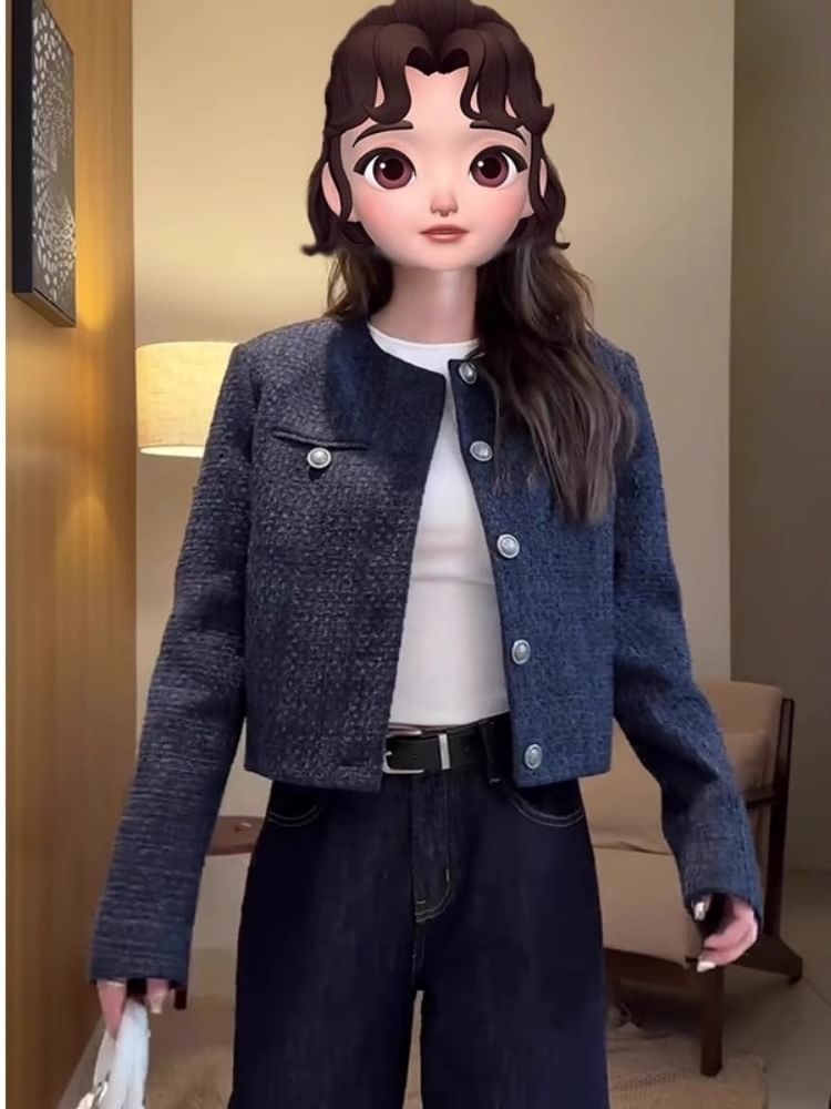 Round Neck Plain Tweed Single Breasted Cropped Jacket