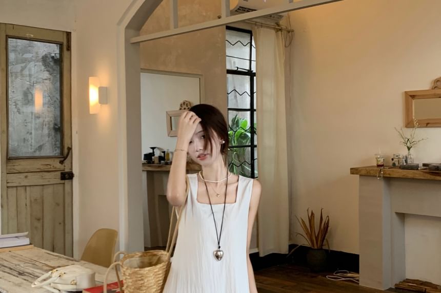 Sleeveless Square Neck Asymmetrical Plain Maxi A-Line Dress