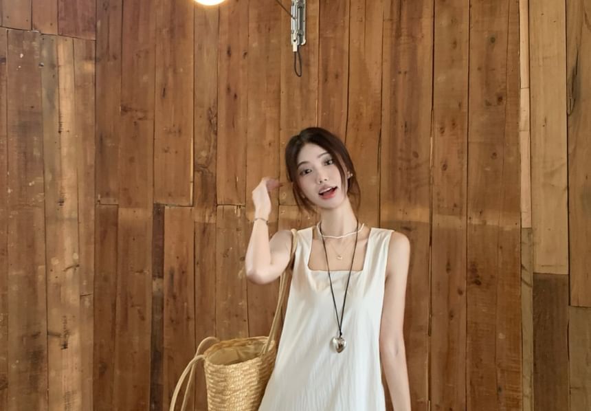 Sleeveless Square Neck Asymmetrical Plain Maxi A-Line Dress