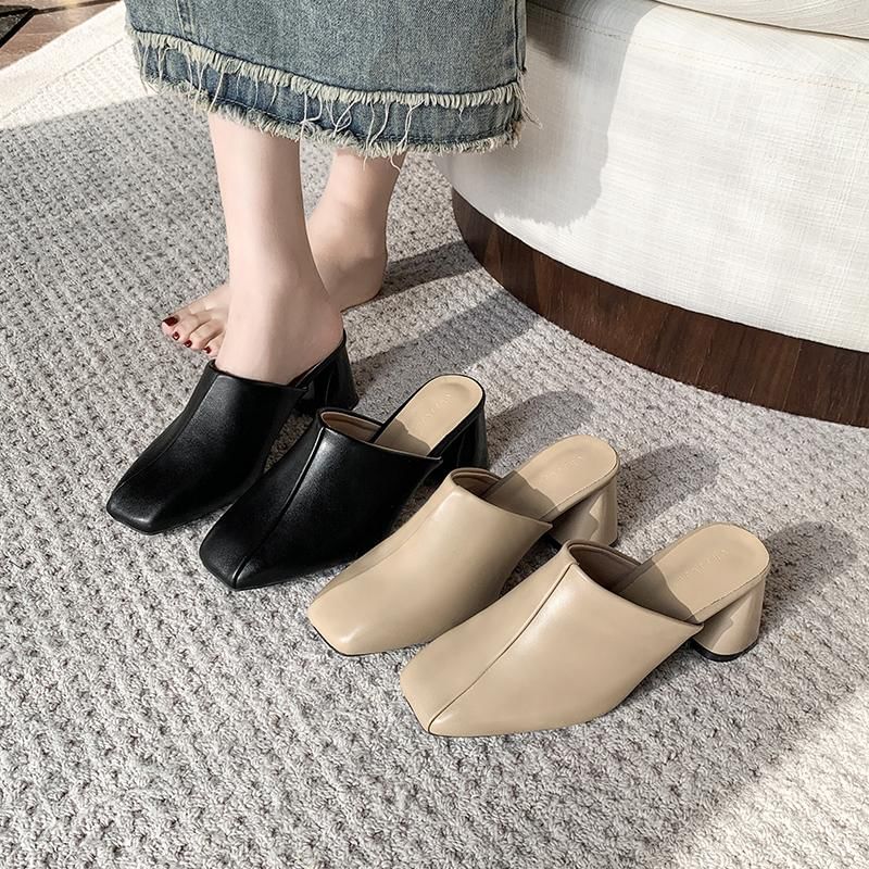 Square Toe Chunky Heel Plain Mules
