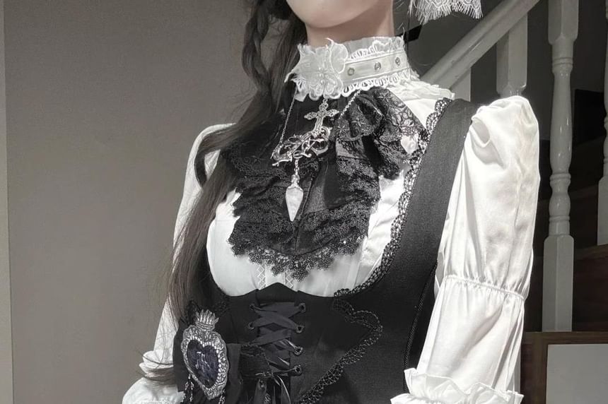 Bell Sleeve Ruffle Trim Lace Panel Blouse