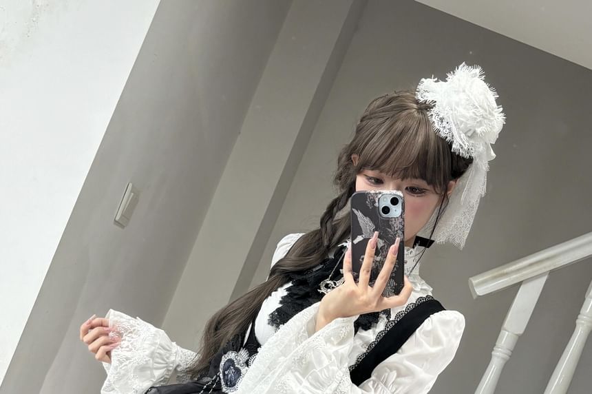 Bell Sleeve Ruffle Trim Lace Panel Blouse