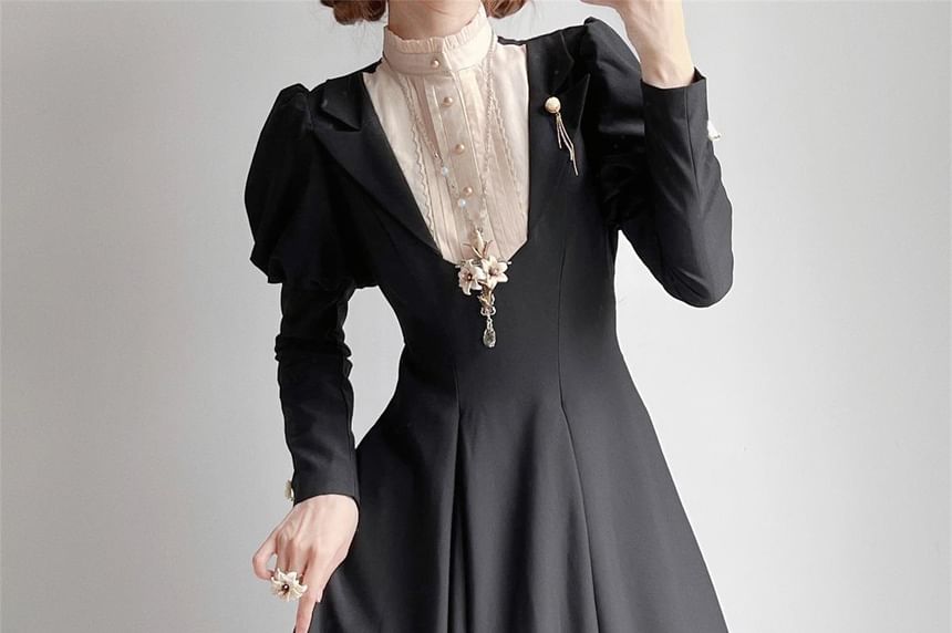 Long Sleeve Band Collar Two Tone Midi A-Line Dress Set