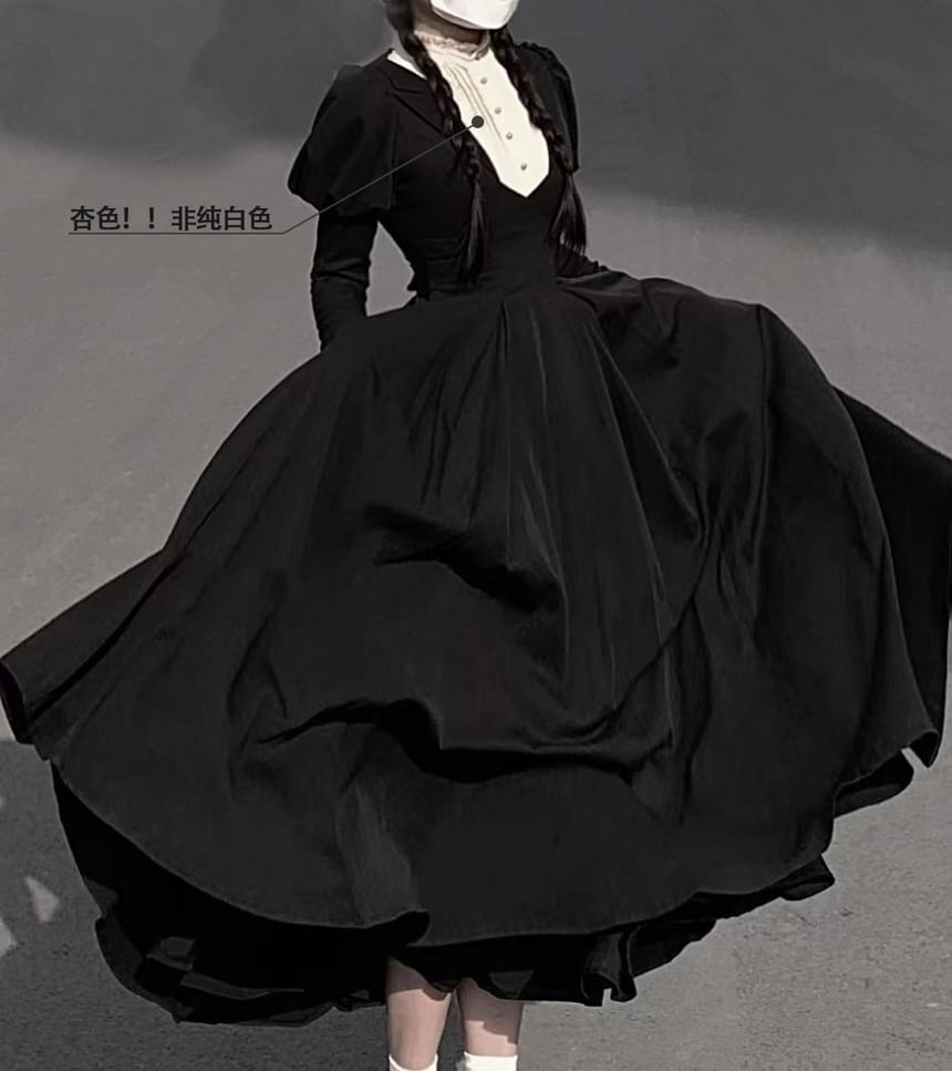Long Sleeve Band Collar Two Tone Midi A-Line Dress Set