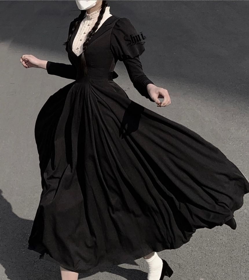 Long Sleeve Band Collar Two Tone Midi A-Line Dress Set