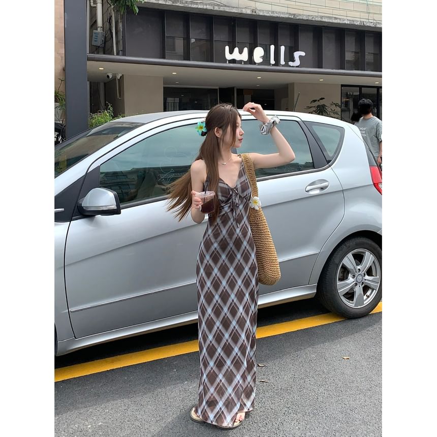 Spaghetti Strap V-Neck Plaid Bodycon Maxi Dress