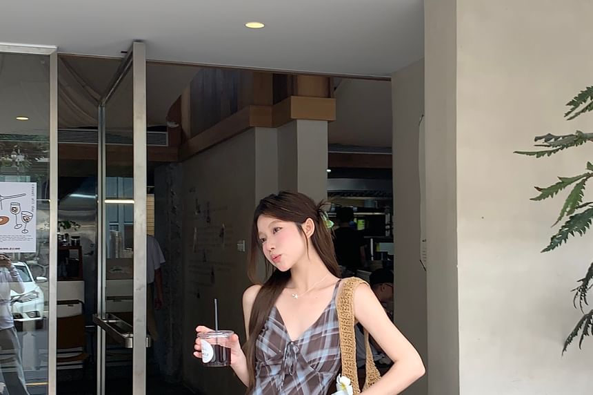 Spaghetti Strap V-Neck Plaid Bodycon Maxi Dress