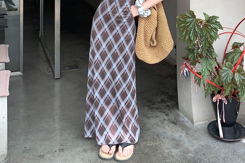 Spaghetti Strap V-Neck Plaid Bodycon Maxi Dress