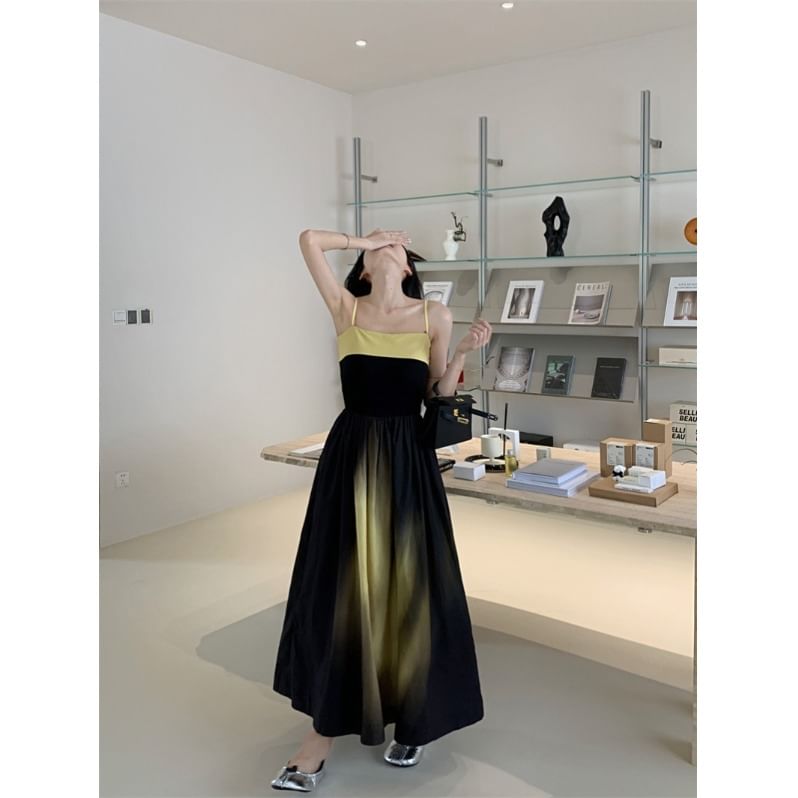 Gradient Midi A-Line Dress with Spaghetti Straps