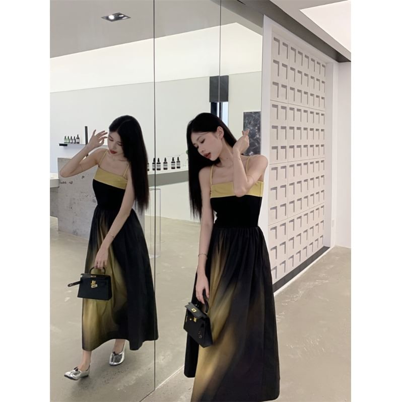 Gradient Midi A-Line Dress with Spaghetti Straps