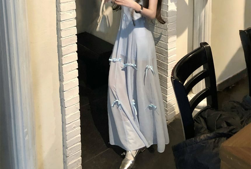 Ruffle Bowknot Mini A-Line Dress with Scoop Neck and Spaghetti Straps