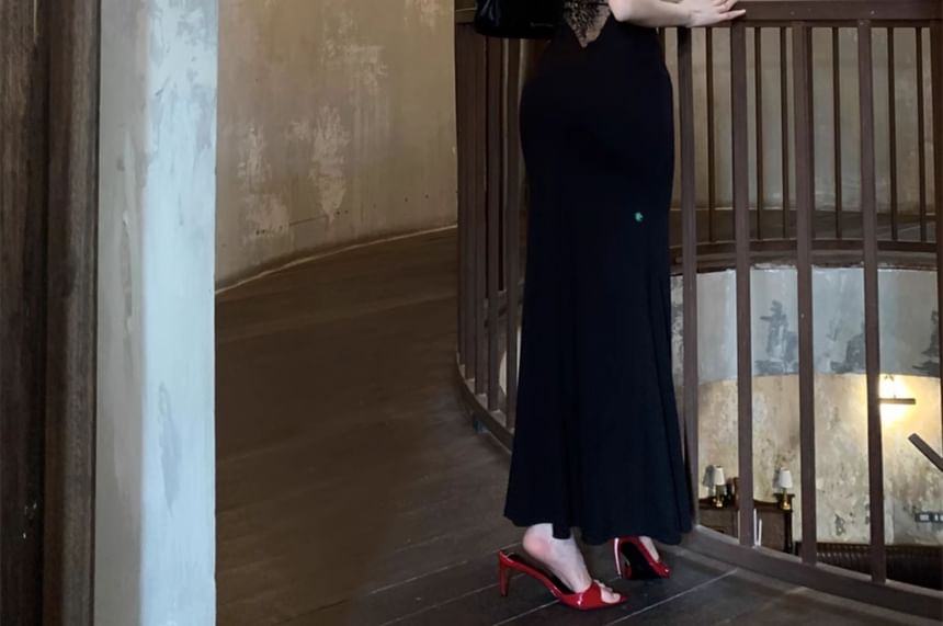 Backless Lace Panel Maxi Sheath Dress with Spaghetti Straps