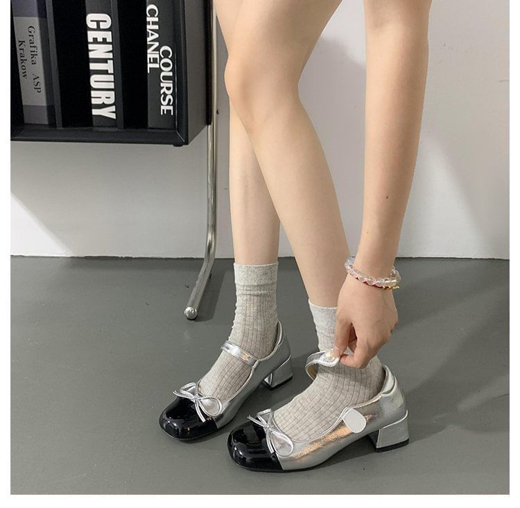 Mary Jane Tone Two Ribbon Block Heel Pumps