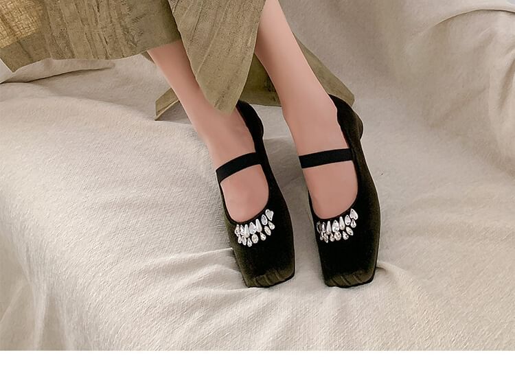 Square Heel Rhinestone Toe Pumps Velvet Low
