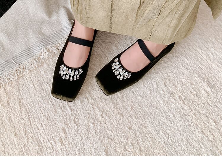 Square Heel Rhinestone Toe Pumps Velvet Low