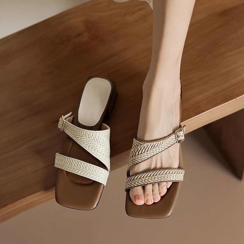 Low Heel Square Toe Woven Strap Sandals