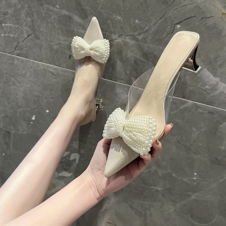 Beaded Spool Heel Mules Bow Strap Transparent
