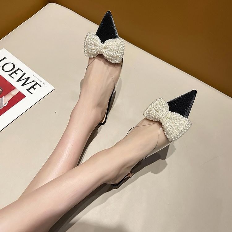 Beaded Spool Heel Mules Bow Strap Transparent