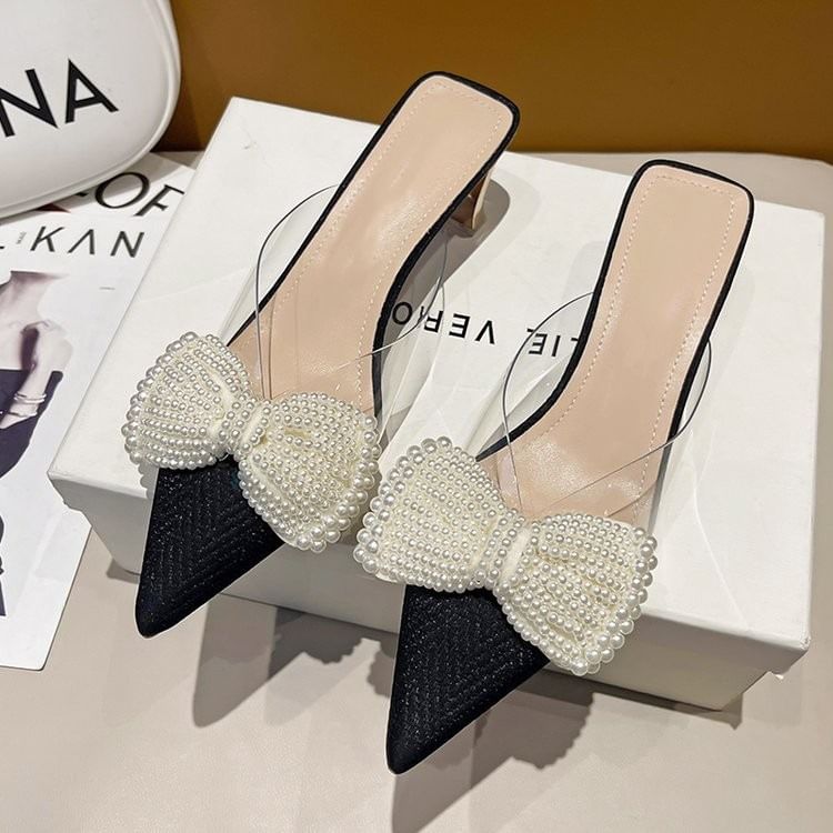 Beaded Spool Heel Mules Bow Strap Transparent