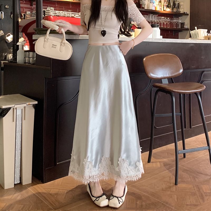 A-Line High Panel Skirt Satin Midi Lace Rise