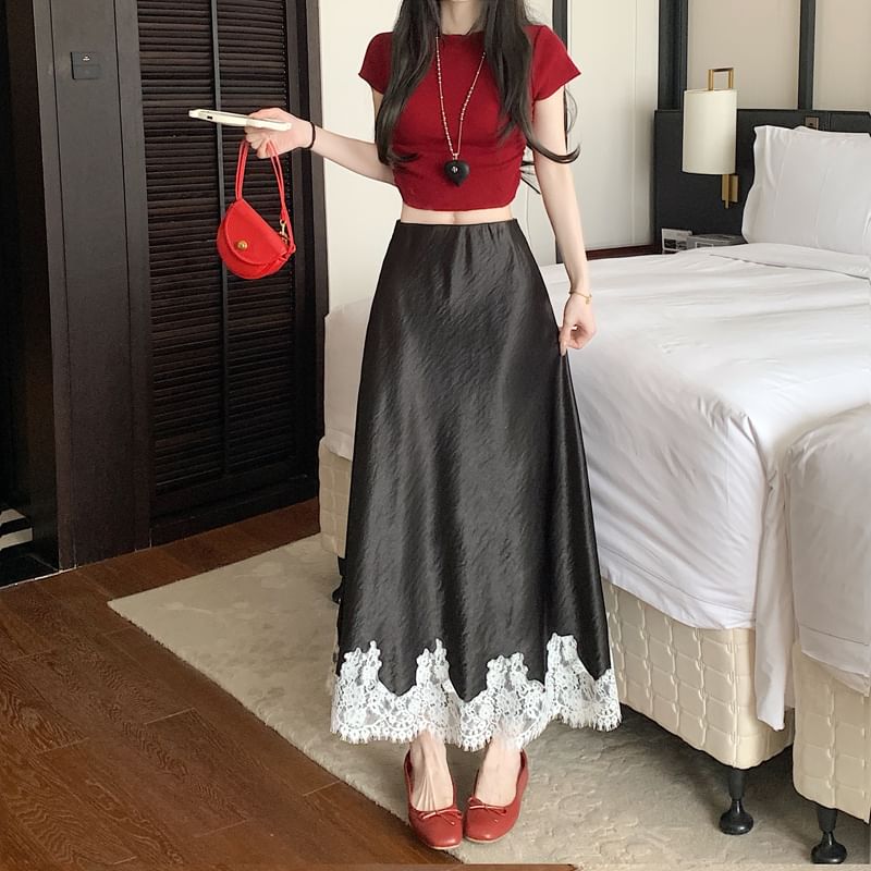 A-Line High Panel Skirt Satin Midi Lace Rise