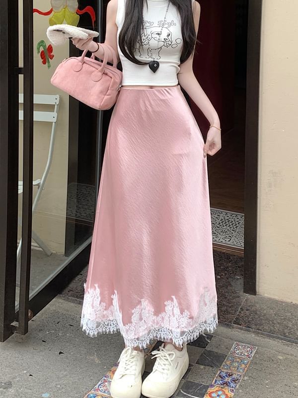A-Line High Panel Skirt Satin Midi Lace Rise