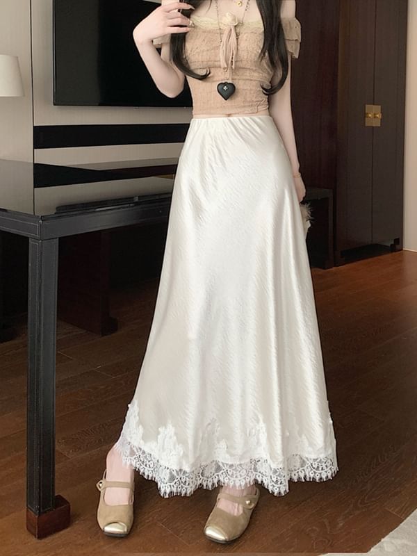A-Line High Panel Skirt Satin Midi Lace Rise