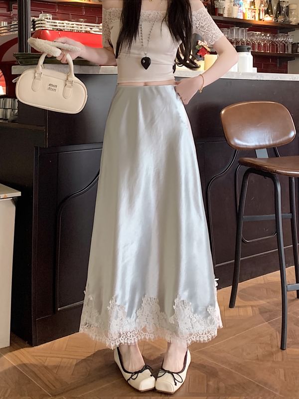 A-Line High Panel Skirt Satin Midi Lace Rise