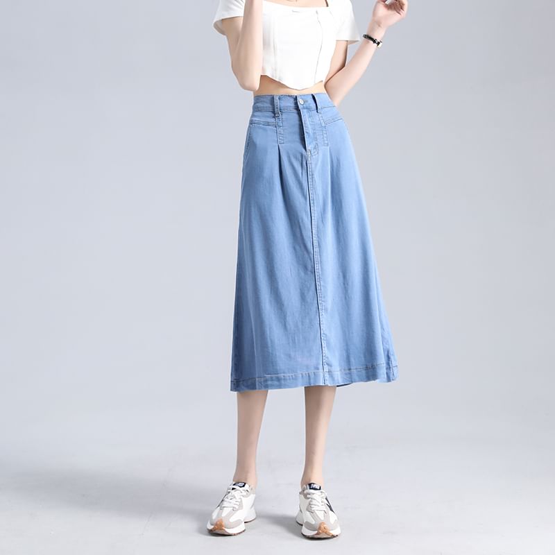 Denim Skirt High Waist Midi A-Line