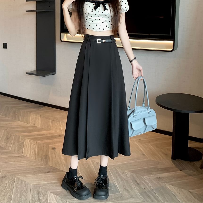 High Rise A-Line Midi Plain Pleated Skirt