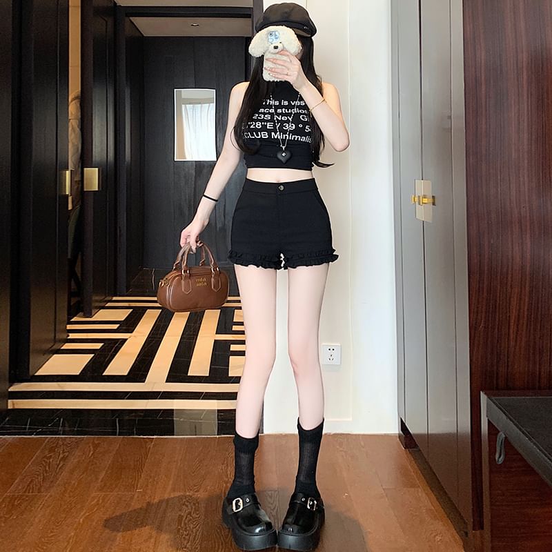 High Pants Plain Trim Hot Frill Waist