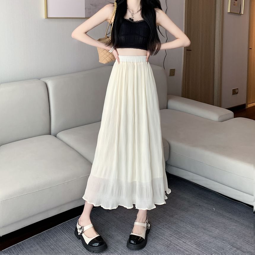 Plain Skirt A-Line Midi Waist Crinkle High