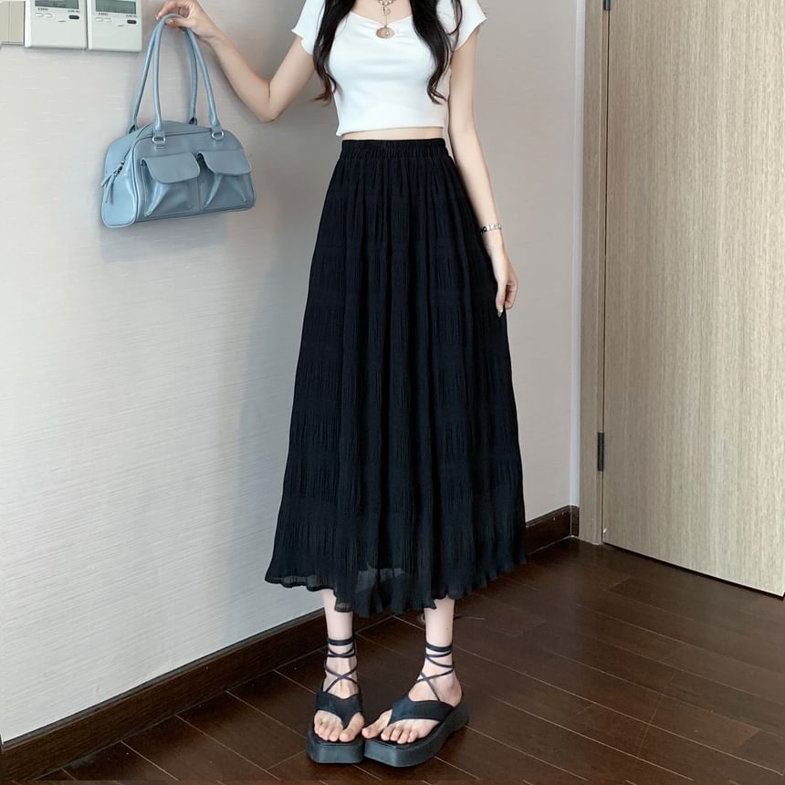 Plain Skirt A-Line Midi Waist Crinkle High